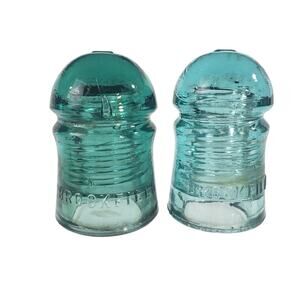 2 Antique Brookfield New York Aqua Teal Glass Telegraph Wire Insulators